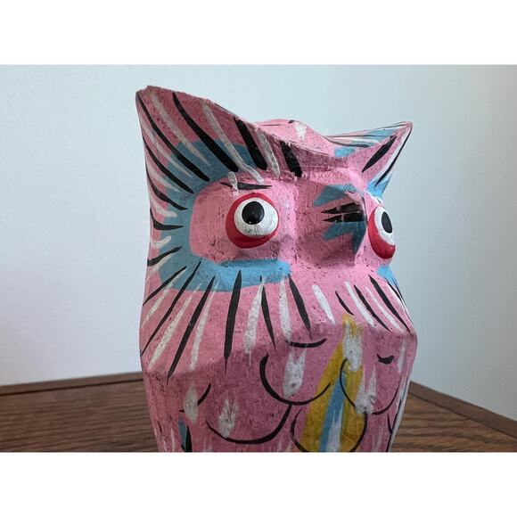 Quirky Hand Carved Owl Figurine Pink Folk Art 3.25" Trinket Small Gift Idea - Picture 7 of 8